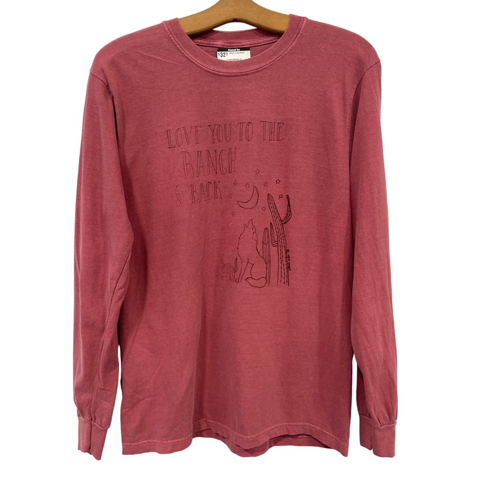 Love You To The Ranch Back Coyote Cactus Long Sleeve T-Shirt Womens S Red NEW